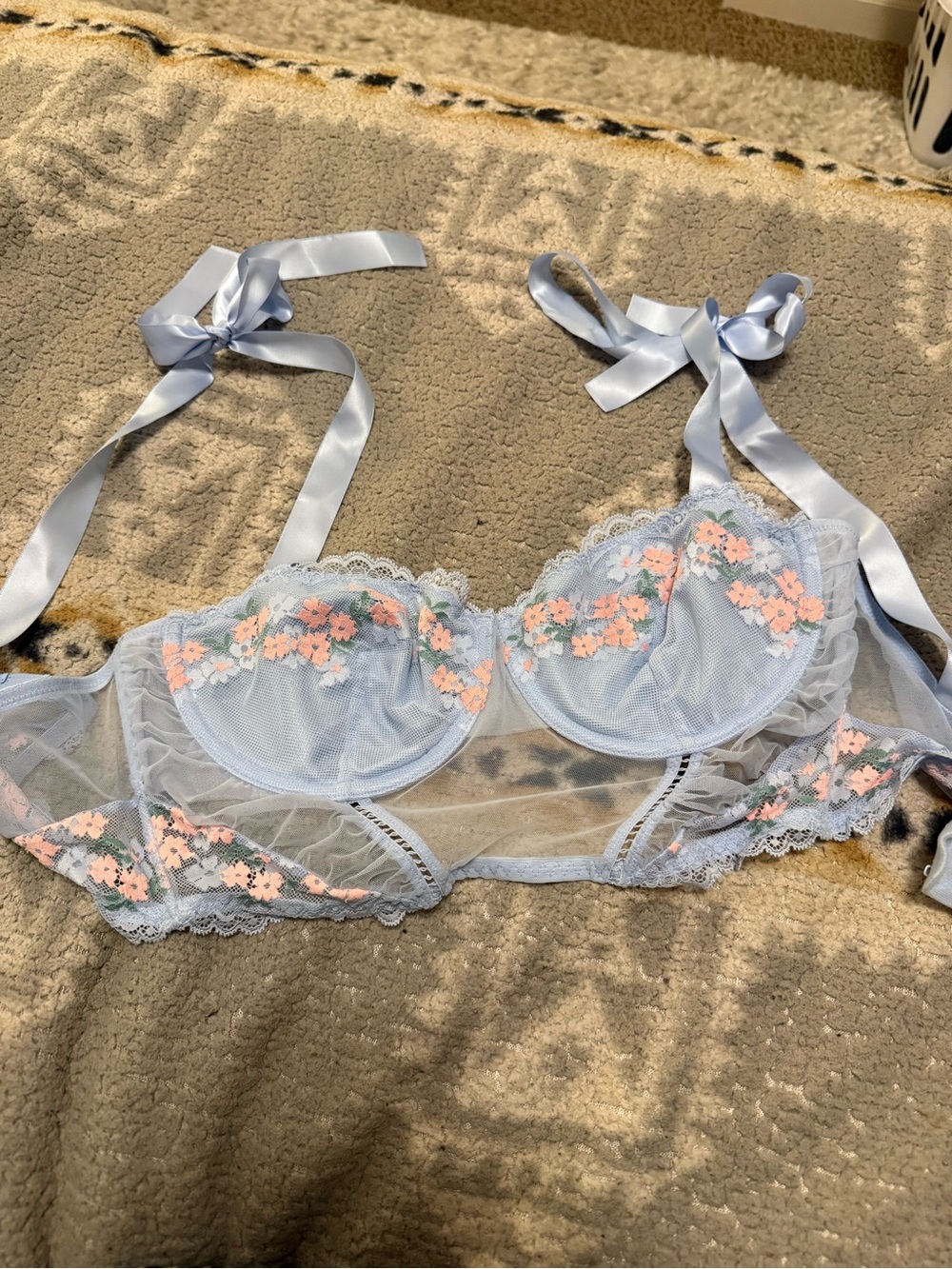 Auden Light Blue Mesh Bra with Pink Floral Embroidery